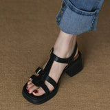 Sandals Female Middle Heel 2024 Summer Real Soft Leather Waterproof T-Shaped Buckle With Open-Toed High
