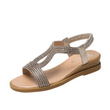 Women Wedges Sandals Crystal Decoration Chunky Heel Peep Toe Back Strap Elastic Band Elegant Fashion Shoes Ladies Size