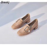 Comfortable PU Slip-on Mid Heel Women Office Shoes Elegant Women Pumps Metal Buckle Loafers Fashion Pearl Ladies
