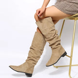 Pleated Boots Women Black Nude Faux Suede Flock Knee High Boot Ladies Flat Autumn Winter Dress Shoe 43 Solid Slip on