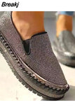 Women Flats Rhinestone Bling Sewing Platform Loafers Slip on Sewing Shallow Fashion Casual Shoes Ladies