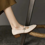 Women Pointed Toe Leather Shoes Retro Thick Heel Shoes for Women Elegant Shallow High Heels Slip-On Loafers Ladies Office