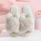 Winter New Furry Slippers Women Cross Strap Fluffy Fur Home Slides Woman Soft Sole Non Slip Indoor Floor Ladies Flip