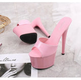 Size Female Slippers Outside PU Patent Leather Platform Super High Heels 17cm Thin Heel Solid Women's Shoes 2023 New