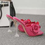Fashion Flowers Designer Womens Shoes Elegant Square Toe Ladies Slippers Sandals Transparent Crystal Strange