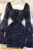 Elegant Women Floral Lace Fairy Dress Sexy Hollow Out Long Flare Sleeve Padded Square Collar Ruched Mini Party Dress
