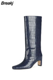 Retro Crocodile Print Woman Boots Square Toe Low Heel Blue Big Size Slip-on Knee-length Boots Autumn Shoes For