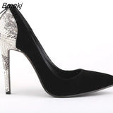 Women Sexy High Heels Shoes Velvet Snake Pattern Pointed Toe Zipper Female Pumps Woman Wedding Big Size