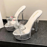 Summer Transparent Crystal Shoes Women's Platform Fashion New Slippers 15CM Ultra High Heels Sandals Rhinestone Bow