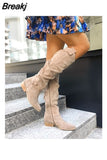 New Fashion Low Heel Side Zip Size 43 Suede Thigh High Women's Boots Retro Woman Booties Autumn Winter Knee High