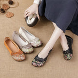 New Head Layer Cowhide Flat Bottom Low Heel Women's Shoes National Wind Flower Skin Casual Women's Single Shoes Middle-Aged And Elderly Mother
