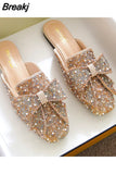 Women Square Toe Paillette Beads Mules Slippers Summer Shoes Womens Sandals Flip Flops Pearl Bling Glitter Slides Plus