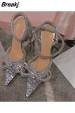 Rhinestones Women Pumps Crystal Bowknot Satin Sandals 2023 Summer Transparent Shoes High Heels Party Prom Designer