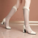 Hollow Breathable Women Mesh Boots Fashion Zipper Square High Heel Knee High Boots Spring Summer Pointed Toe Lady