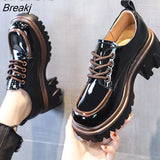 Style Chunky Platform Pumps Casual Women's 2023 Autumn Lace Up Thick Heels Loafers Woman Round Toe Patent Leather