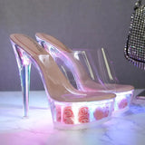 Women Catwalk Sexy Super High Heels Luminous Stiletto Platform Sandals Transparent Model Crystal Wedding Shoes