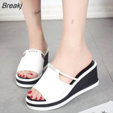 Women Slipper Sandals Heels Wedges Platform Leather Peep toe Crystal Elegant Female Sandals Ladies Mules 2 Summer