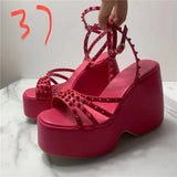 Size Summer Woman Rivet Sandals Thick Bottom Solid Color Flat Ankle Boots Female Shiny Lace-Up High Heel Shoes Designer
