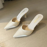 Women High Heels Solid Flock Slippers Mules Pointed Toe Fog Black Slides Women Home Slip On Flip Flops Heels 6CM/9CM Half