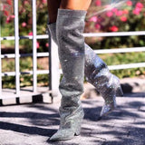 New Luxury Crystal Shoes Woman Pointed Toe Knee High Boots Sexy Rhinestone Chunky Spike Heel Boots Ladies Botas