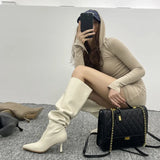 Modern Ladies Knee High Boots Pointed Toe Fashion Pleated Western Women Long Boots Shoes Female Pumps Heels