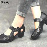 2023 Summer Women's Genuine Leather Hole Mid heel Shoes Slip On Femme Sandals Retro Hollow Zapatillas