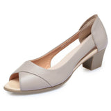Leather Comfortable Ladies Mid Heel Sandals Women Shoes Hollow Peep Toe Square Heel Sandals Woman