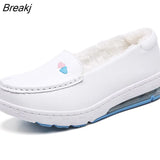 New Woman Nurse Flat Shoes Fashion White Slip on Comfort Moccains Shoes Warm Plush Loafers Women Wedge Platform