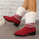 Winter Fur Warm Snow Boots Women Fashion Pearl Thick Heels Mid Calf Boots Woman Christmas Thicken Plush Cotton Padded
