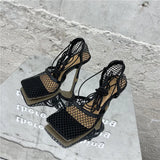 Fashion Sandals, Mesh Breathable Square Head Lace-up Women's Shoes, Women Sexy Seductive Mesh High Heels,