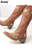 Retro Female Western Boots Wood Sole Spike Heels Pointed Toe Slip-On Floral Flower Ankle Boots Shoes Plus Size