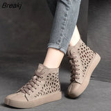 Women Sneakers Summer Shoes Genuine Leather Sandals Lace-Up Hollow 2023 New Handmade All-Match Platform
