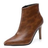Snake Pattern Womens High Heel Ankle Boots 2023 Pointed Toe Sexy Stiletto Boots Woman Zipper Pu Leather Pumps