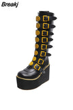 Size 43 Black Gothic Vampire Halloween Cosplay Punk Buckle Street Platform Wedge High Heel Boots Women Shoes