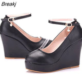 White Platform Wedges Wedding Shoes Pumps Women High Heels Round Toe Pumps Cross Buckle Fashion Footwear Leisure Mary