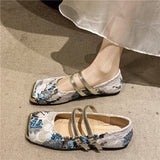 New Fashion Women's Flat Shoes Square Toe Print Casual Shoes Ladies Breathable Slip-on Outdoor Soft Mary Jane