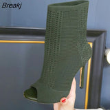 Beige Green Ladies Open Toe Short Boots Elastic Boots Small Hole Hollow Out Breathable Dress Women Boots