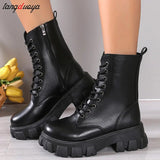 Boots Women Mid Calf new Autumn Winter Lace-up Ladies Chelsea Zipper Botas Mujer Boots Sports Platform Heel Ladies