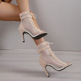 Women's High Heels Jazz Dancing Shoes Sexy Mesh Short Boots Zipper Black Latin Indoor Dance Ballroom Sandals Ladies