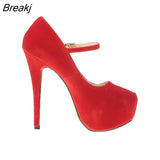Mary Janes Women Pumps New Platform High Heels Shoes Woman Sexy Round Toe Flock Red Extreme Thin Heel