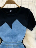 Korean Stylish Patchwork Jeans Dress Women Fashion Summer O-neck Short Sleeve Slim Mini Bodycon Denim Dress