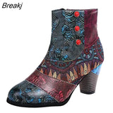 Women Shoes Splicing Printed Ankle Boots for Female PU Leather Retro Block High Heels Bohemian Ladies Spring Autumn Short