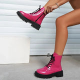 2023 Fashion Pink Motorcycle Boots Women Pu Leather Platform Ankle Boots Woman Autumn Winter Plus Size Lace Up