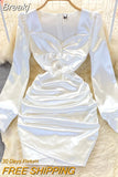 New Celebrity Sexy Square Neck Satin Dresses Long Sleeve Women White Hip Wrap Slim Pleated Mini Short Dress