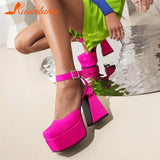 Chunky Heeled Satin Ankle Strap Pumps 2023 Spring Summer High Heel Wedding Shoes Walking Comfy Women Sandal Big Size