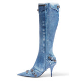 New Metal Rivet Women High Knee Boots Pointed Toe Thin Heels Designer Shoes Party Tassels Zipper-Sid Long Botas De