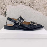 High Quality Women Sandals Pointed Toe Belt Buckle Flat Leather Femme Shoes Fashion Thick Bottom Sandals Designer