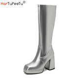 Gold Knee High Boots Women 2023 Four Seasons 10cm Chunky Heels Shoes Square Toes Long Booties Big Size 48 Botas
