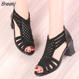 Toe PU Leather High heels sandals women 2023 Summer shoes women Fashion Bling Square heel Zipper Gladiator Wedding