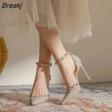 Women High Heels 2023 Summer Shoes Pointed Toe Pumps Sexy Rivet Ankle Strap Thin Heels Female Sandals Ladies Shoe Party